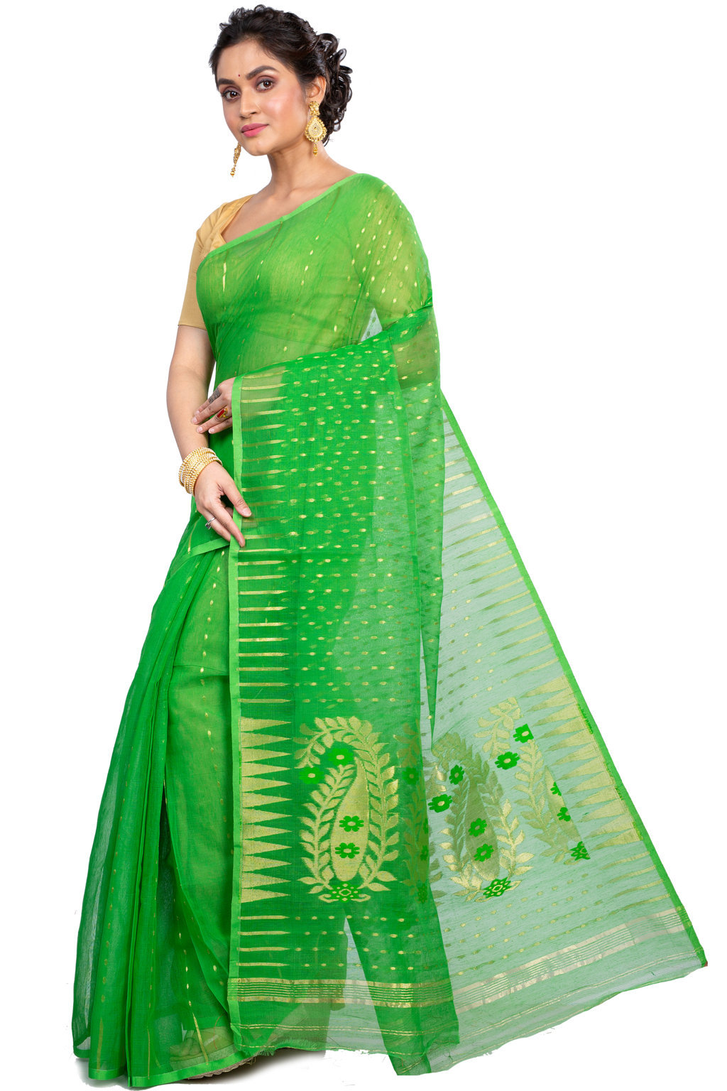 Green Blended Cotton New HALF  JAMDINE Jamdani Saree (4107)
